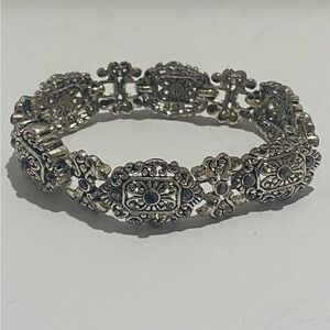 Vintage Silver Tone Filigree Ornate Bracelet Black Rhinestone Magnetic 7.75"